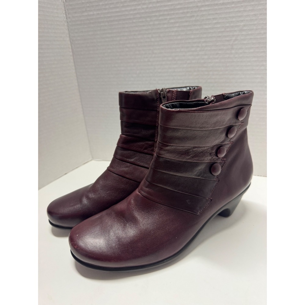 Naot Burgundy Leather Pleated Button Ankle Boots Zipper Block Heel 39 8